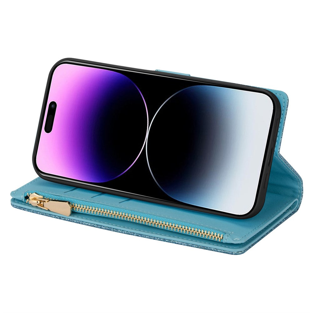 For iPhone 17 Pro Max Case Starry Sky Carving Leather Wallet Phone Cover with Wrist Strap - Blue