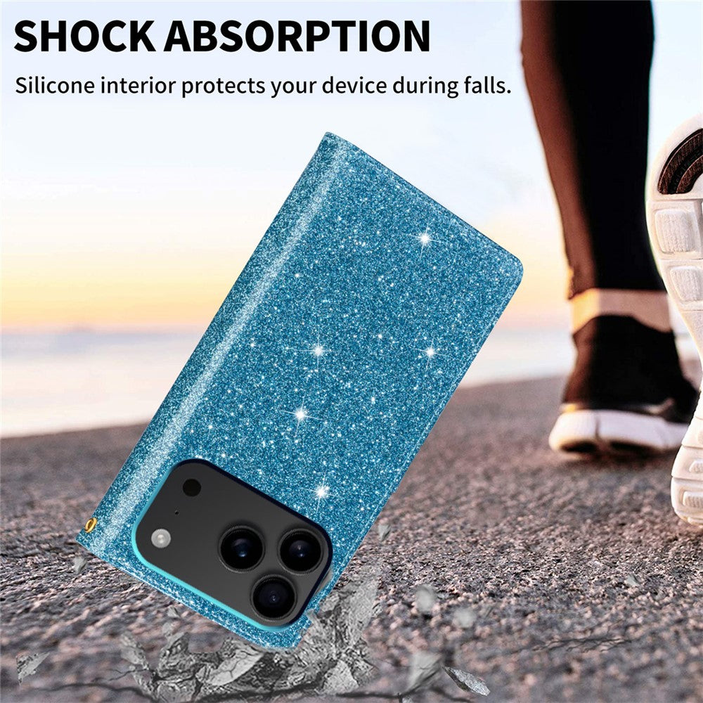 For iPhone 17 Pro Max Case Starry Sky Carving Leather Wallet Phone Cover with Wrist Strap - Blue