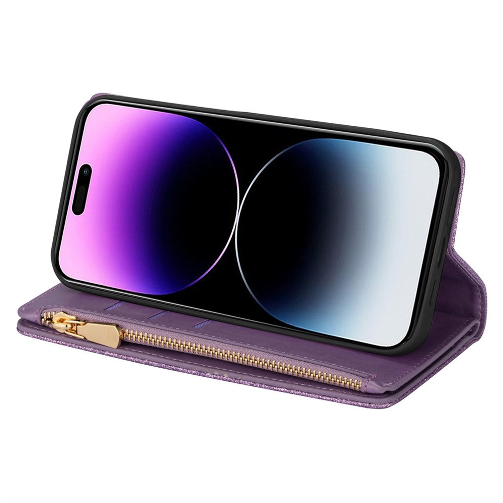 For iPhone 17 Pro Max Case Starry Sky Carving Leather Wallet Phone Cover with Wrist Strap - Purple