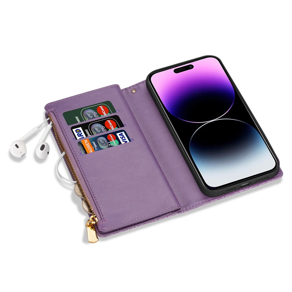 For iPhone 17 Pro Max Case Starry Sky Carving Leather Wallet Phone Cover with Wrist Strap - Purple