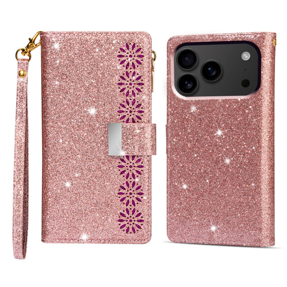 For iPhone 17 Pro Max Case Starry Sky Carving Leather Wallet Phone Cover with Wrist Strap - Rose Gold