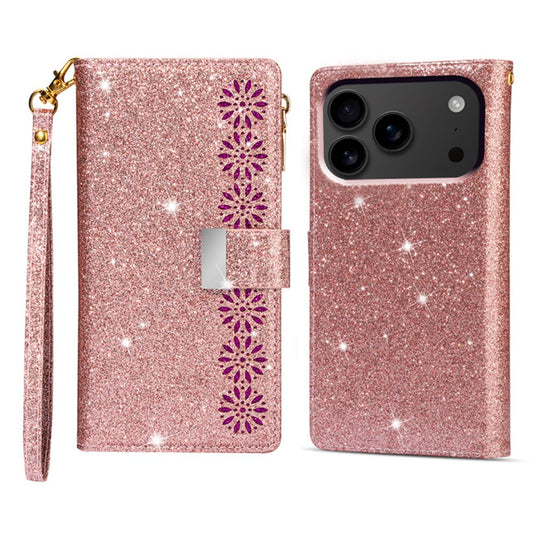 For iPhone 17 Pro Max Case Starry Sky Carving Leather Wallet Phone Cover with Wrist Strap - Rose Gold