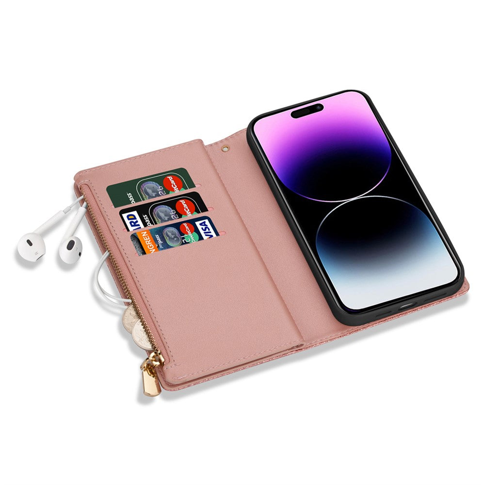 For iPhone 17 Pro Max Case Starry Sky Carving Leather Wallet Phone Cover with Wrist Strap - Rose Gold