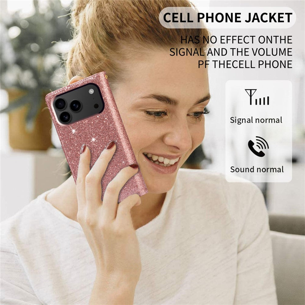 For iPhone 17 Pro Max Case Starry Sky Carving Leather Wallet Phone Cover with Wrist Strap - Rose Gold