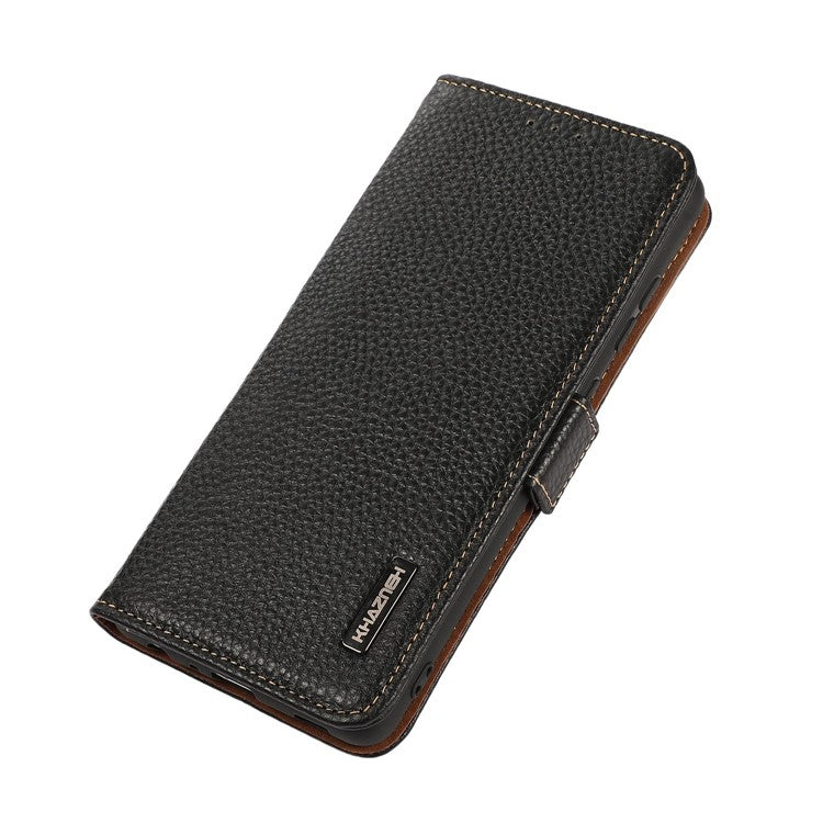 KHAZNEH for Samsung Galaxy A14 5G / A14 4G RFID Blocking Anti-fall Phone Case Litchi Texture Genuine Leather Stand Wallet Cover - Black