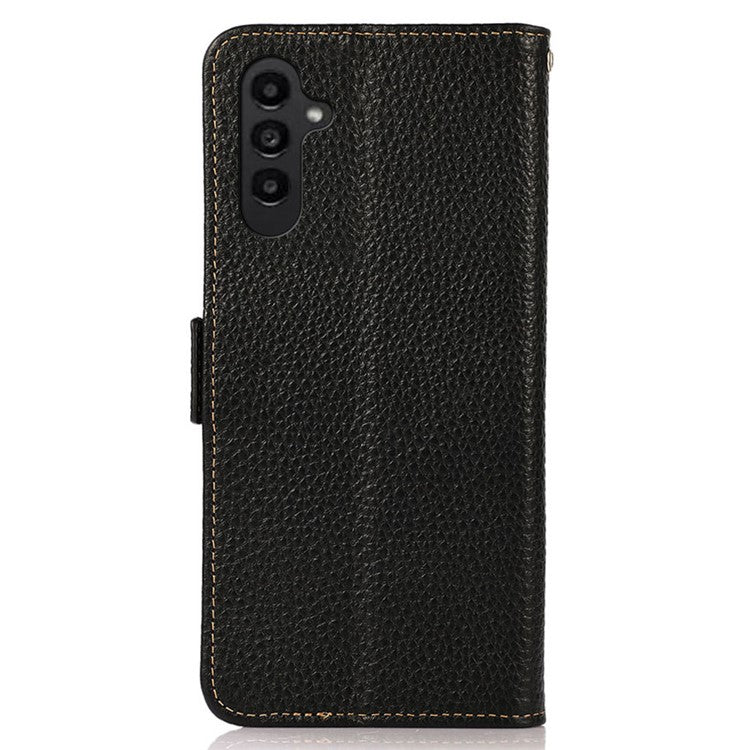 KHAZNEH for Samsung Galaxy A14 5G / A14 4G RFID Blocking Anti-fall Phone Case Litchi Texture Genuine Leather Stand Wallet Cover - Black