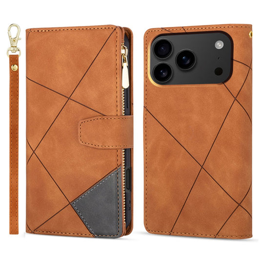 For iPhone 17 Pro Max Wallet Case Color Splicing Leather Phone Cover with Stand - Brown