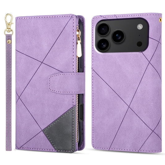 For iPhone 17 Pro Max Wallet Case Color Splicing Leather Phone Cover with Stand - Purple