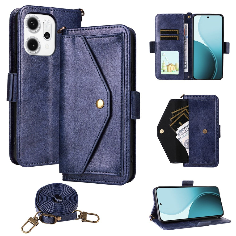 For Oppo Reno14 Pro 5G (Global) Leather Case Magnetic Closure Wallet Stand Phone Cover with Crossbody Strap - Blue