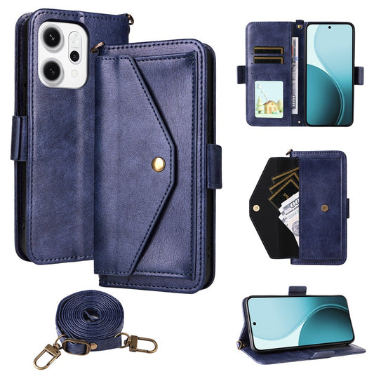 For Oppo Reno14 Pro 5G (Global) Leather Case Magnetic Closure Wallet Stand Phone Cover with Crossbody Strap - Blue