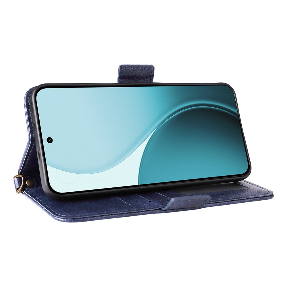 For Oppo Reno14 Pro 5G (Global) Leather Case Magnetic Closure Wallet Stand Phone Cover with Crossbody Strap - Blue