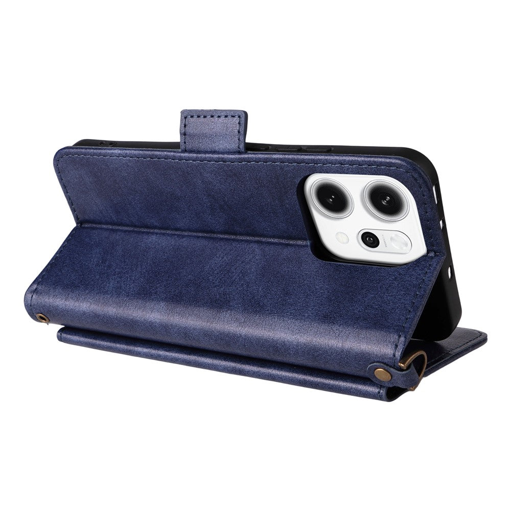 For Oppo Reno14 Pro 5G (Global) Leather Case Magnetic Closure Wallet Stand Phone Cover with Crossbody Strap - Blue