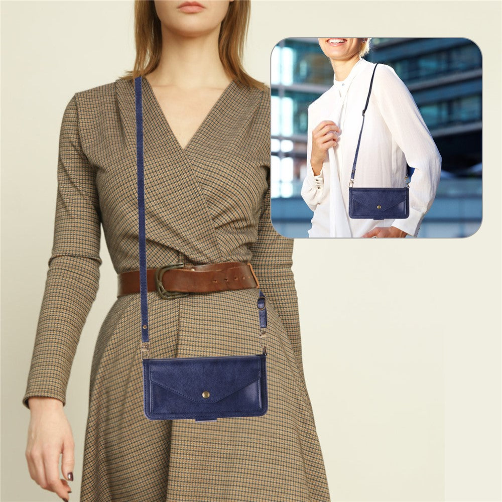 For Oppo Reno14 Pro 5G (Global) Leather Case Magnetic Closure Wallet Stand Phone Cover with Crossbody Strap - Blue