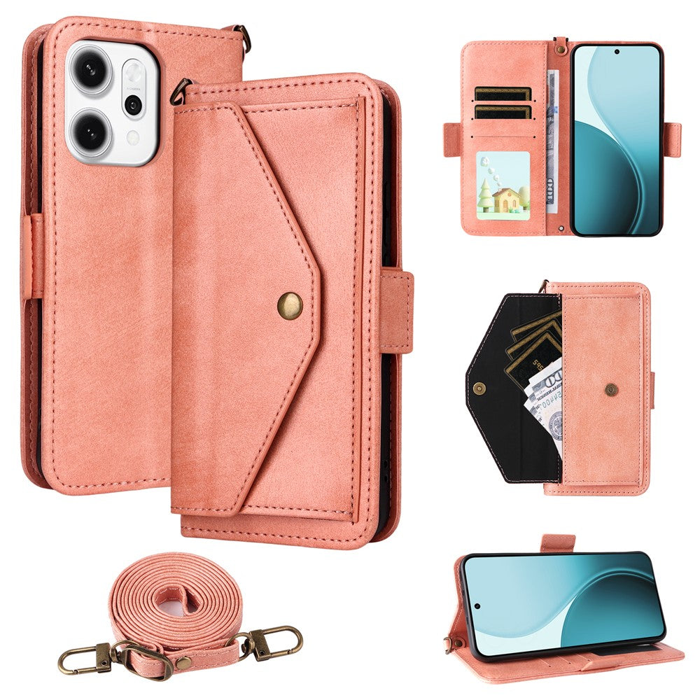 For Oppo Reno14 Pro 5G (Global) Leather Case Magnetic Closure Wallet Stand Phone Cover with Crossbody Strap - Pink