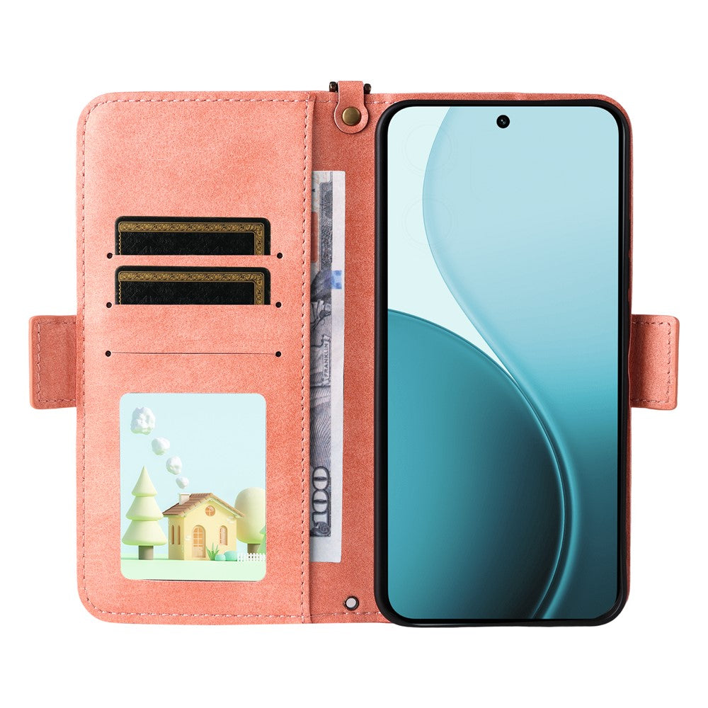 For Oppo Reno14 Pro 5G (Global) Leather Case Magnetic Closure Wallet Stand Phone Cover with Crossbody Strap - Pink