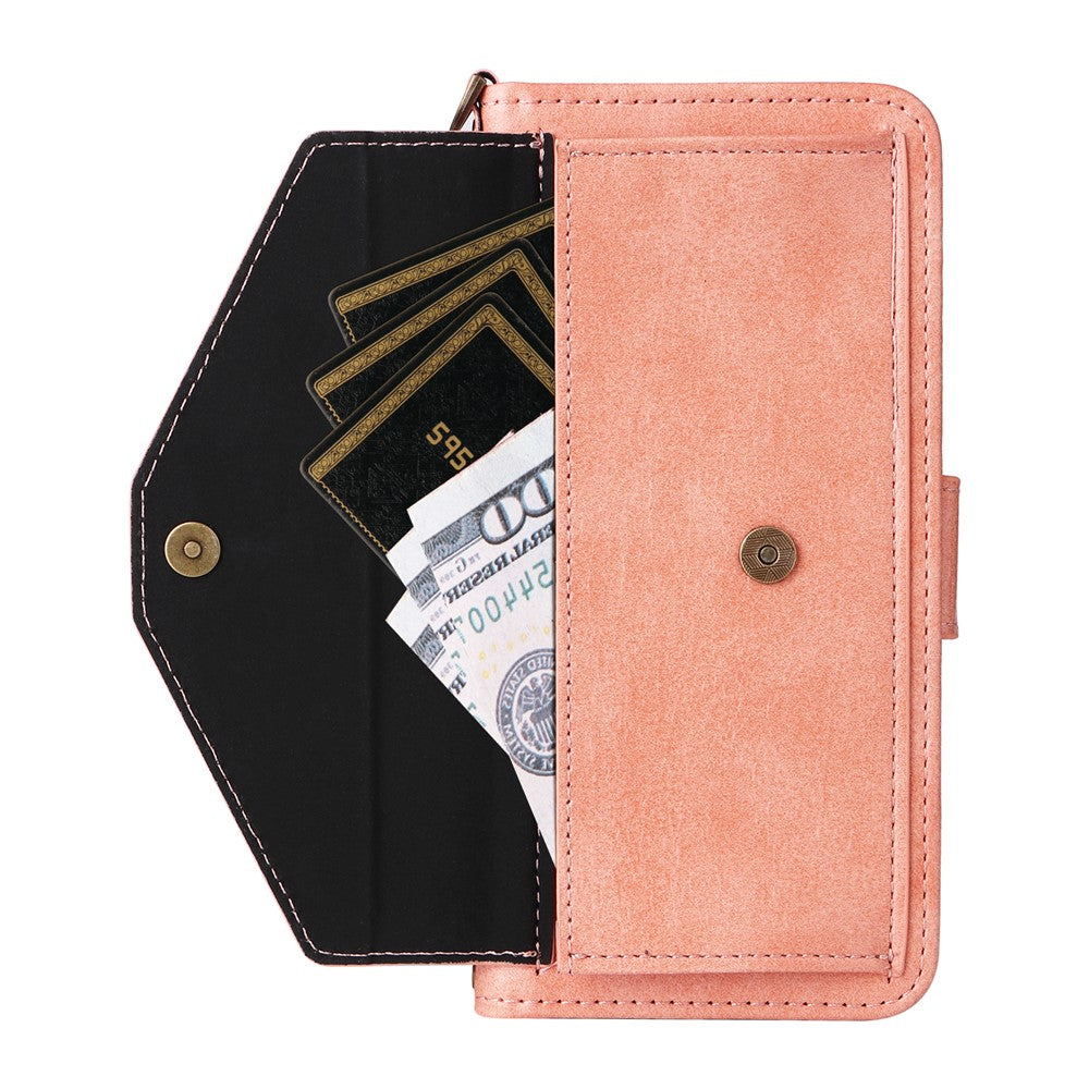 For Oppo Reno14 Pro 5G (Global) Leather Case Magnetic Closure Wallet Stand Phone Cover with Crossbody Strap - Pink