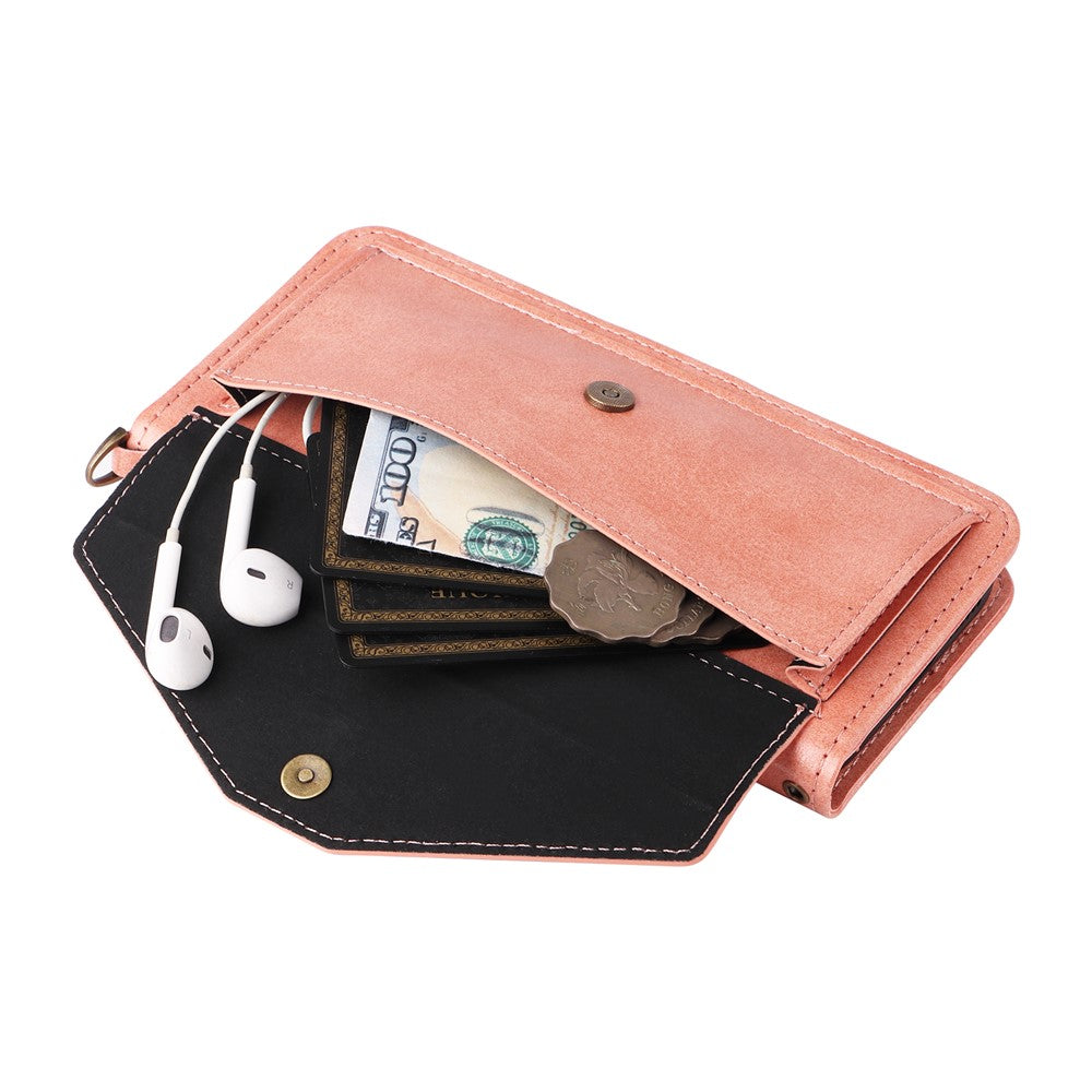 For Oppo Reno14 Pro 5G (Global) Leather Case Magnetic Closure Wallet Stand Phone Cover with Crossbody Strap - Pink
