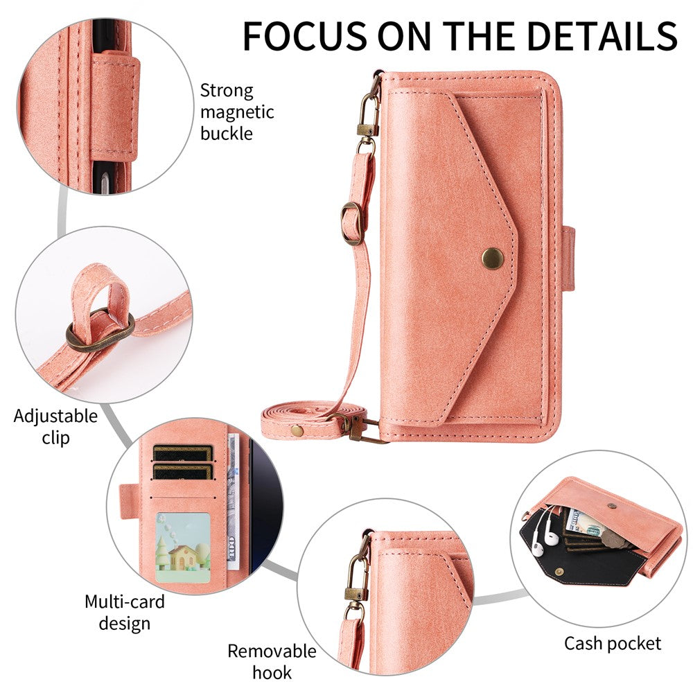 For Oppo Reno14 Pro 5G (Global) Leather Case Magnetic Closure Wallet Stand Phone Cover with Crossbody Strap - Pink
