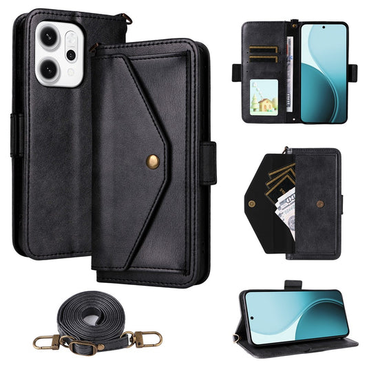 For Oppo Reno14 Pro 5G (Global) Leather Case Magnetic Closure Wallet Stand Phone Cover with Crossbody Strap - Black