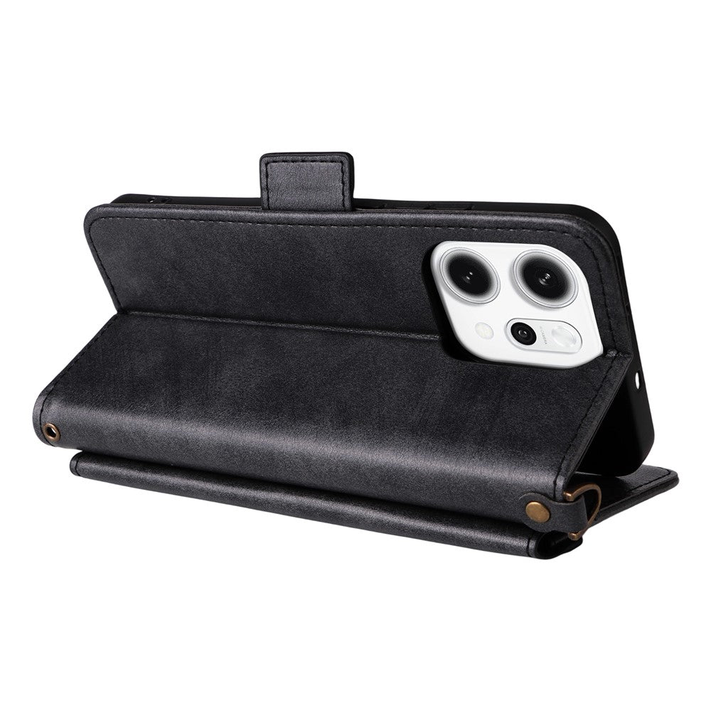 For Oppo Reno14 Pro 5G (Global) Leather Case Magnetic Closure Wallet Stand Phone Cover with Crossbody Strap - Black