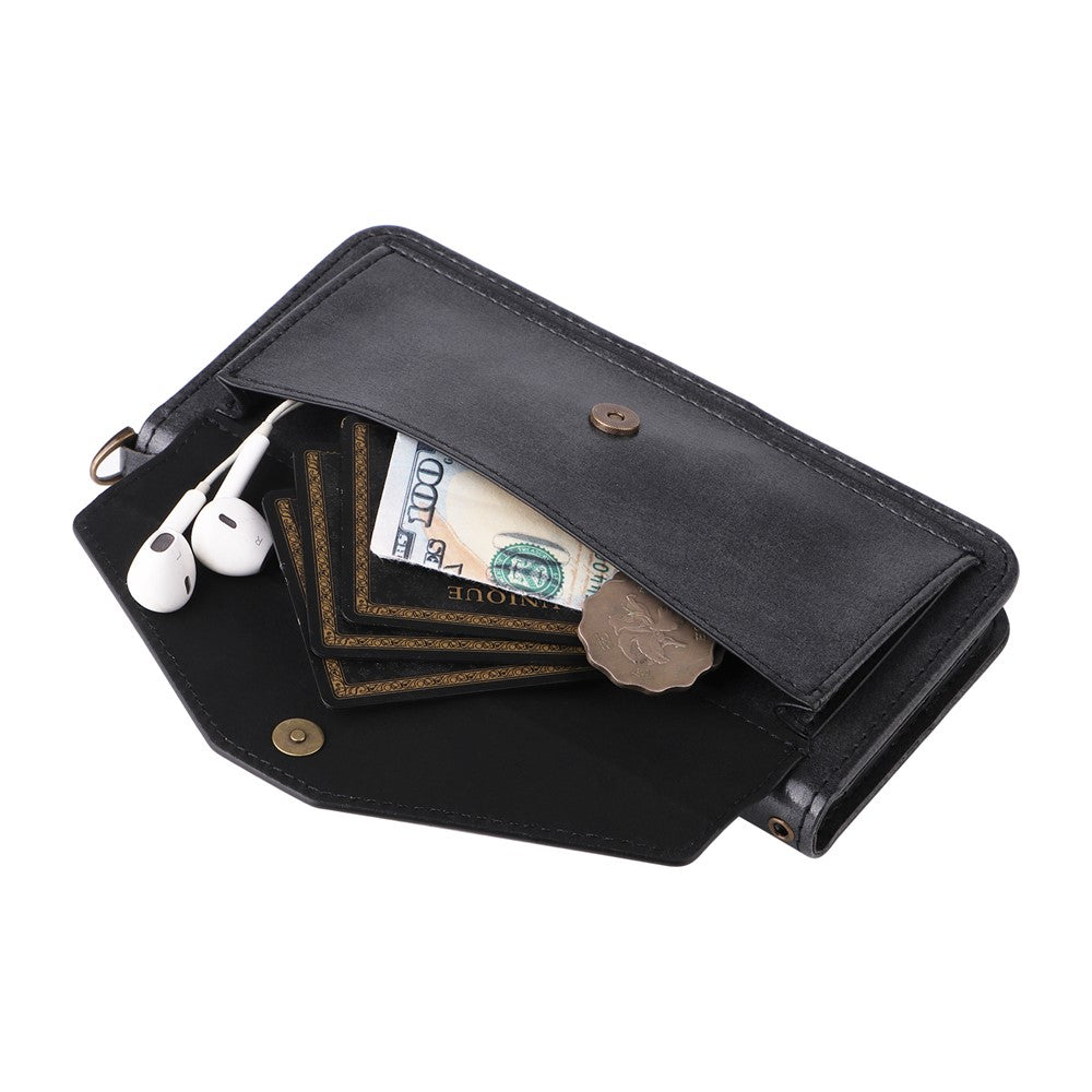 For Oppo Reno14 Pro 5G (Global) Leather Case Magnetic Closure Wallet Stand Phone Cover with Crossbody Strap - Black