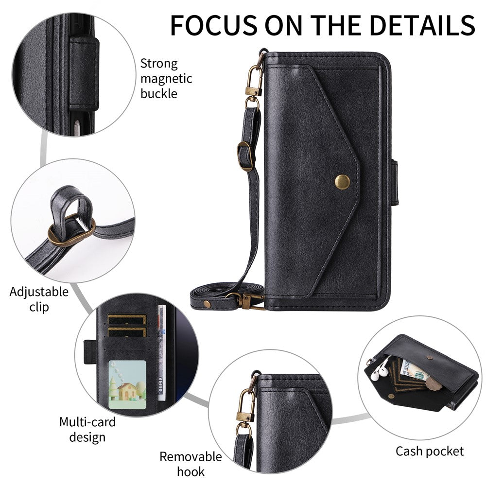 For Oppo Reno14 Pro 5G (Global) Leather Case Magnetic Closure Wallet Stand Phone Cover with Crossbody Strap - Black