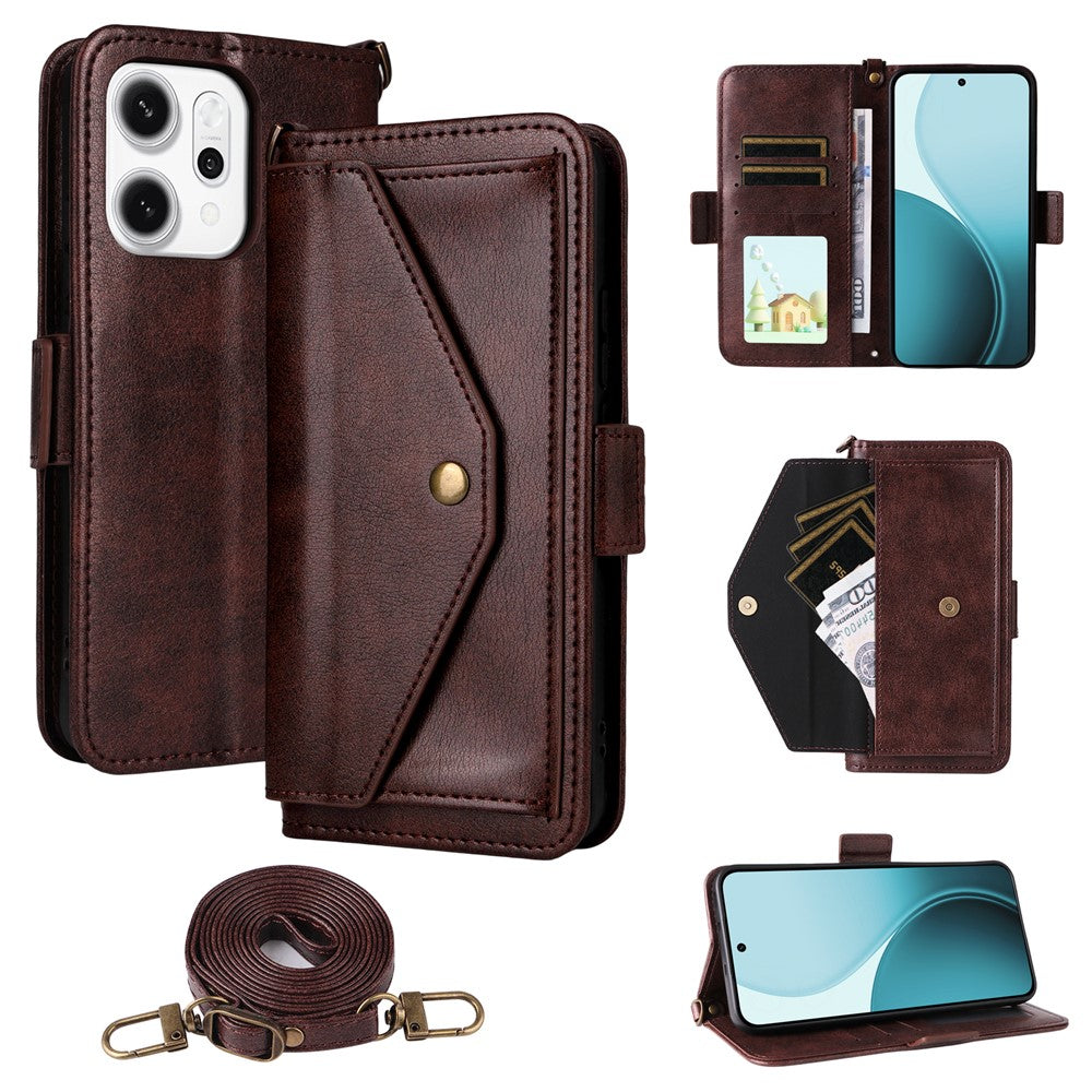 For Oppo Reno14 Pro 5G (Global) Leather Case Magnetic Closure Wallet Stand Phone Cover with Crossbody Strap - Brown