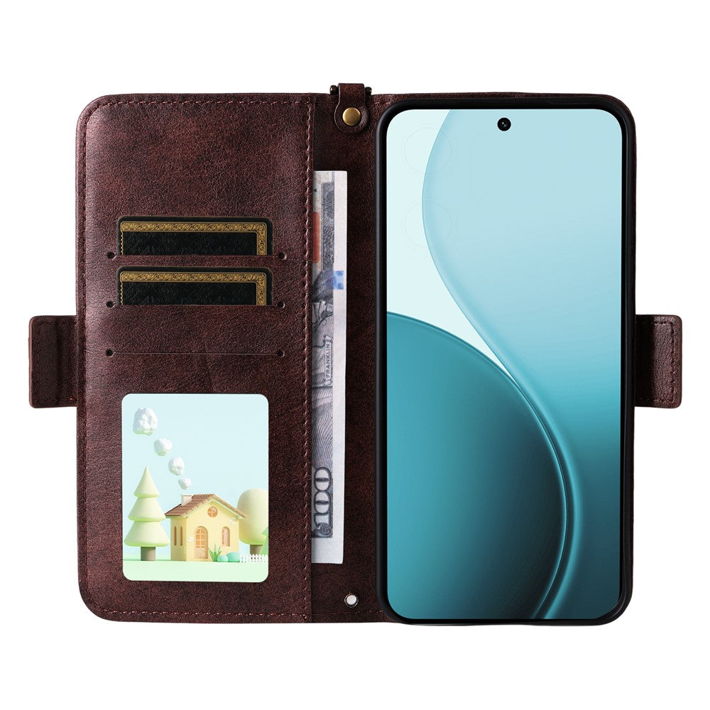 For Oppo Reno14 Pro 5G (Global) Leather Case Magnetic Closure Wallet Stand Phone Cover with Crossbody Strap - Brown