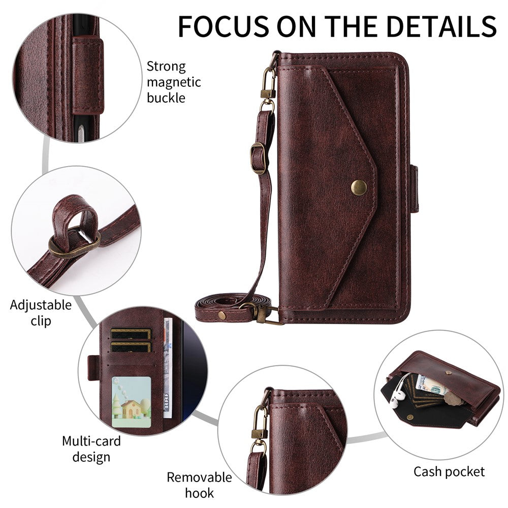 For Oppo Reno14 Pro 5G (Global) Leather Case Magnetic Closure Wallet Stand Phone Cover with Crossbody Strap - Brown