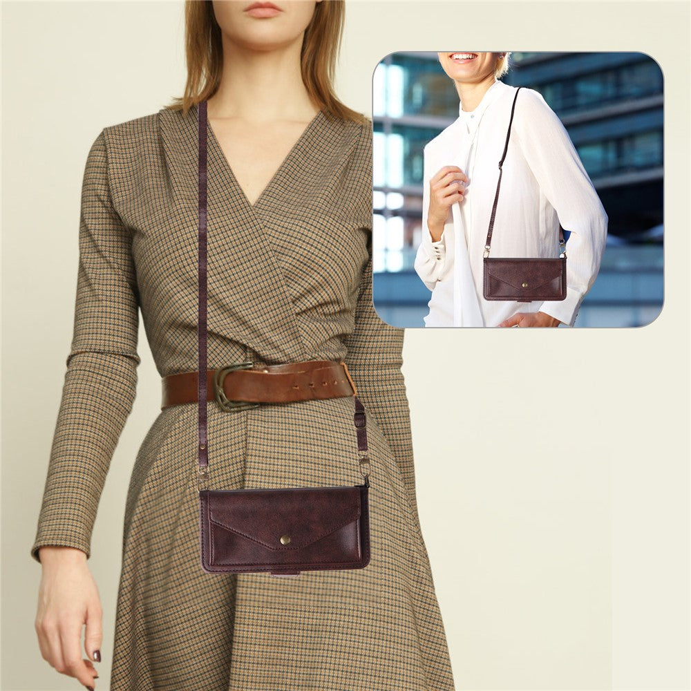 For Oppo Reno14 Pro 5G (Global) Leather Case Magnetic Closure Wallet Stand Phone Cover with Crossbody Strap - Brown