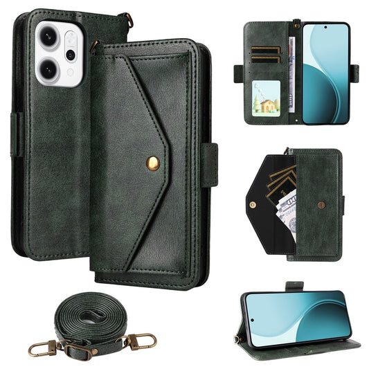 For Oppo Reno14 Pro 5G (Global) Leather Case Magnetic Closure Wallet Stand Phone Cover with Crossbody Strap - Green