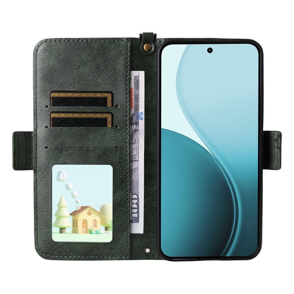For Oppo Reno14 Pro 5G (Global) Leather Case Magnetic Closure Wallet Stand Phone Cover with Crossbody Strap - Green