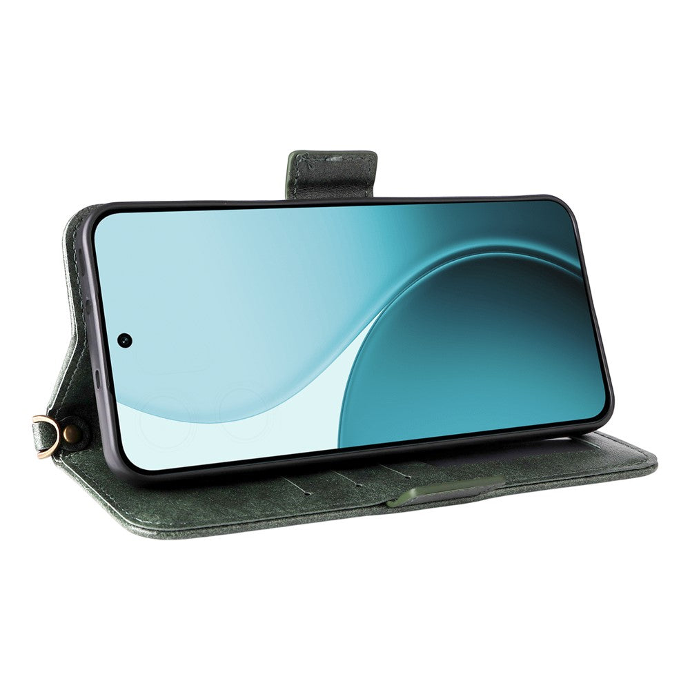For Oppo Reno14 Pro 5G (Global) Leather Case Magnetic Closure Wallet Stand Phone Cover with Crossbody Strap - Green