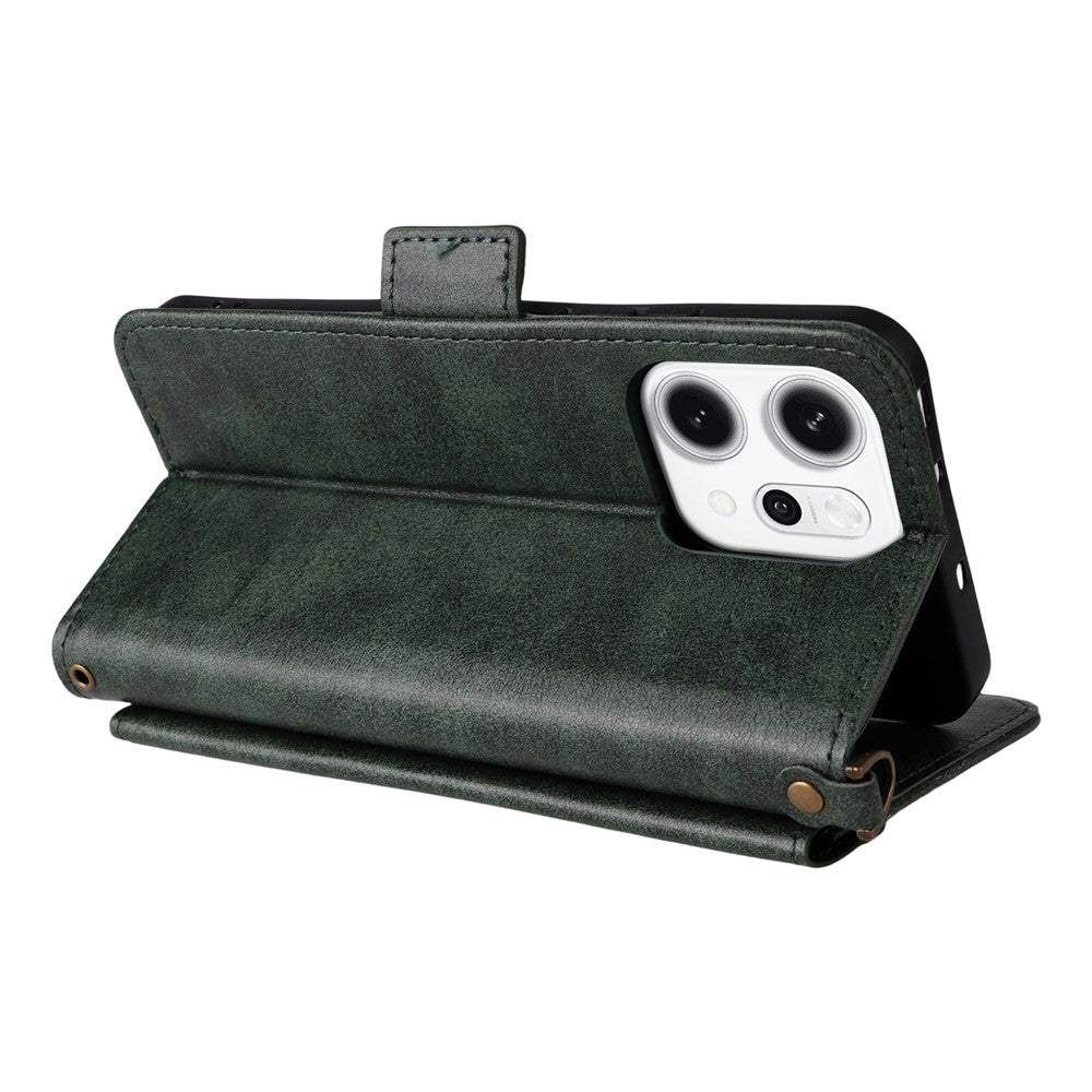 For Oppo Reno14 Pro 5G (Global) Leather Case Magnetic Closure Wallet Stand Phone Cover with Crossbody Strap - Green