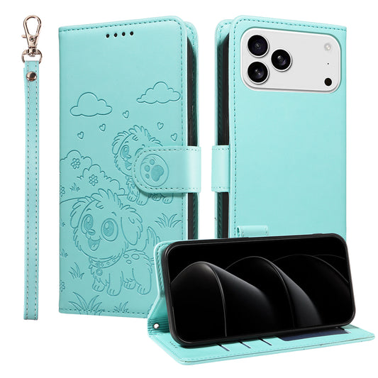 For iPhone 17 Pro Max Case RFID Blocking Imprinted Dog Pattern PU Leather Phone Cover with Wrist Strap - Green