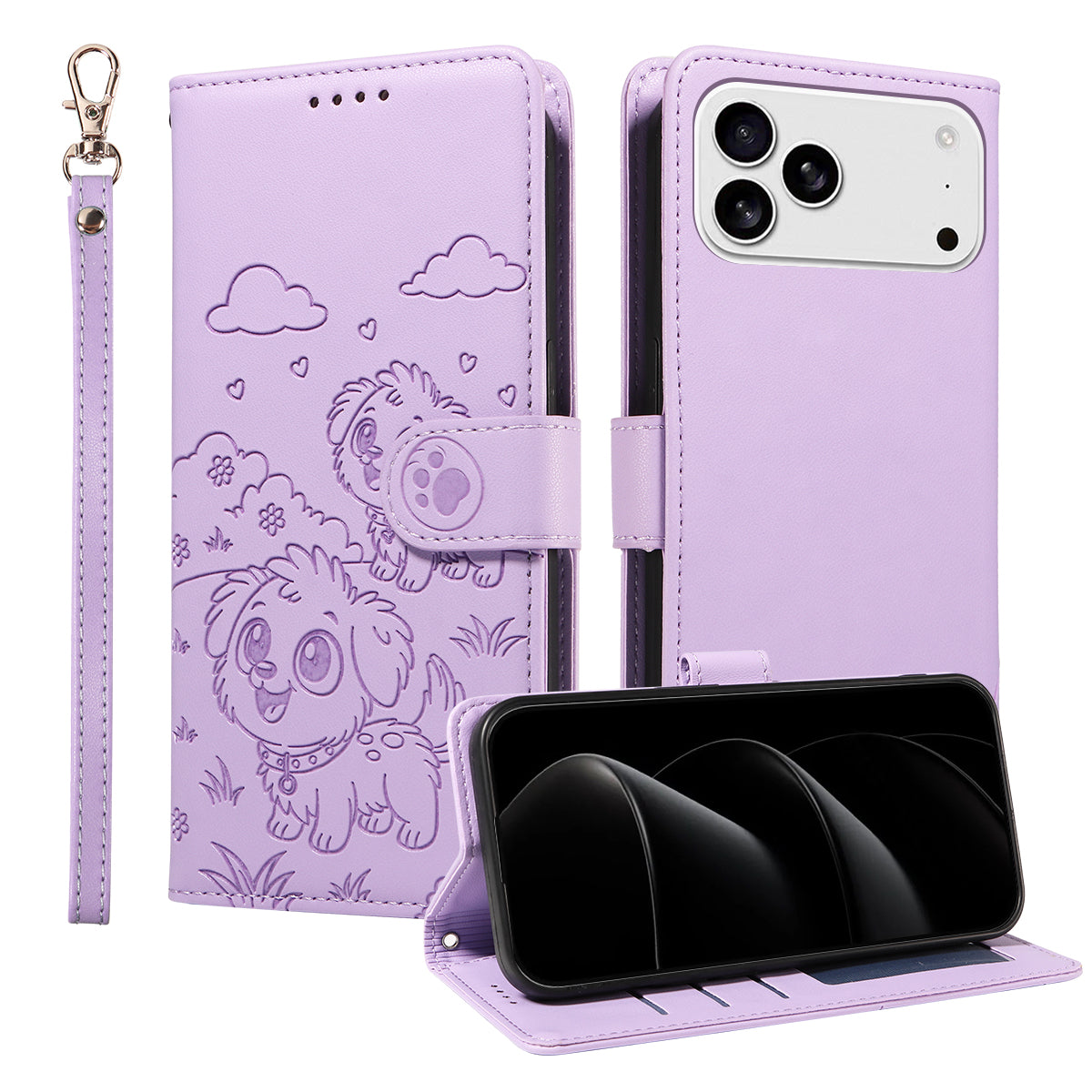 For iPhone 17 Pro Max Case RFID Blocking Imprinted Dog Pattern PU Leather Phone Cover with Wrist Strap - Purple