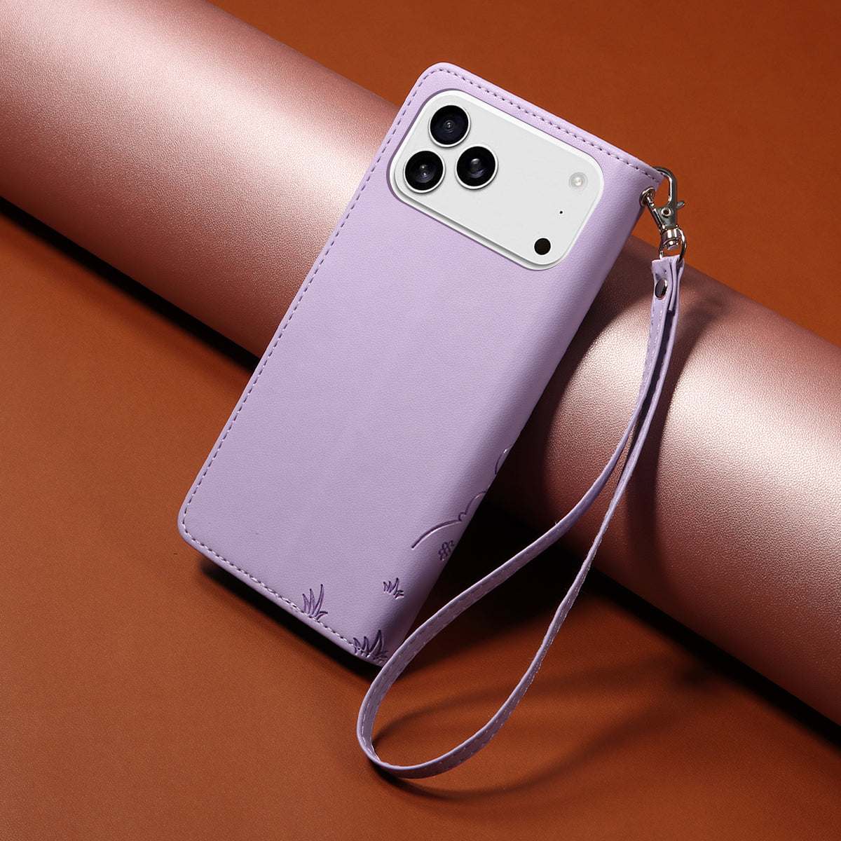 For iPhone 17 Pro Max Case RFID Blocking Imprinted Dog Pattern PU Leather Phone Cover with Wrist Strap - Purple