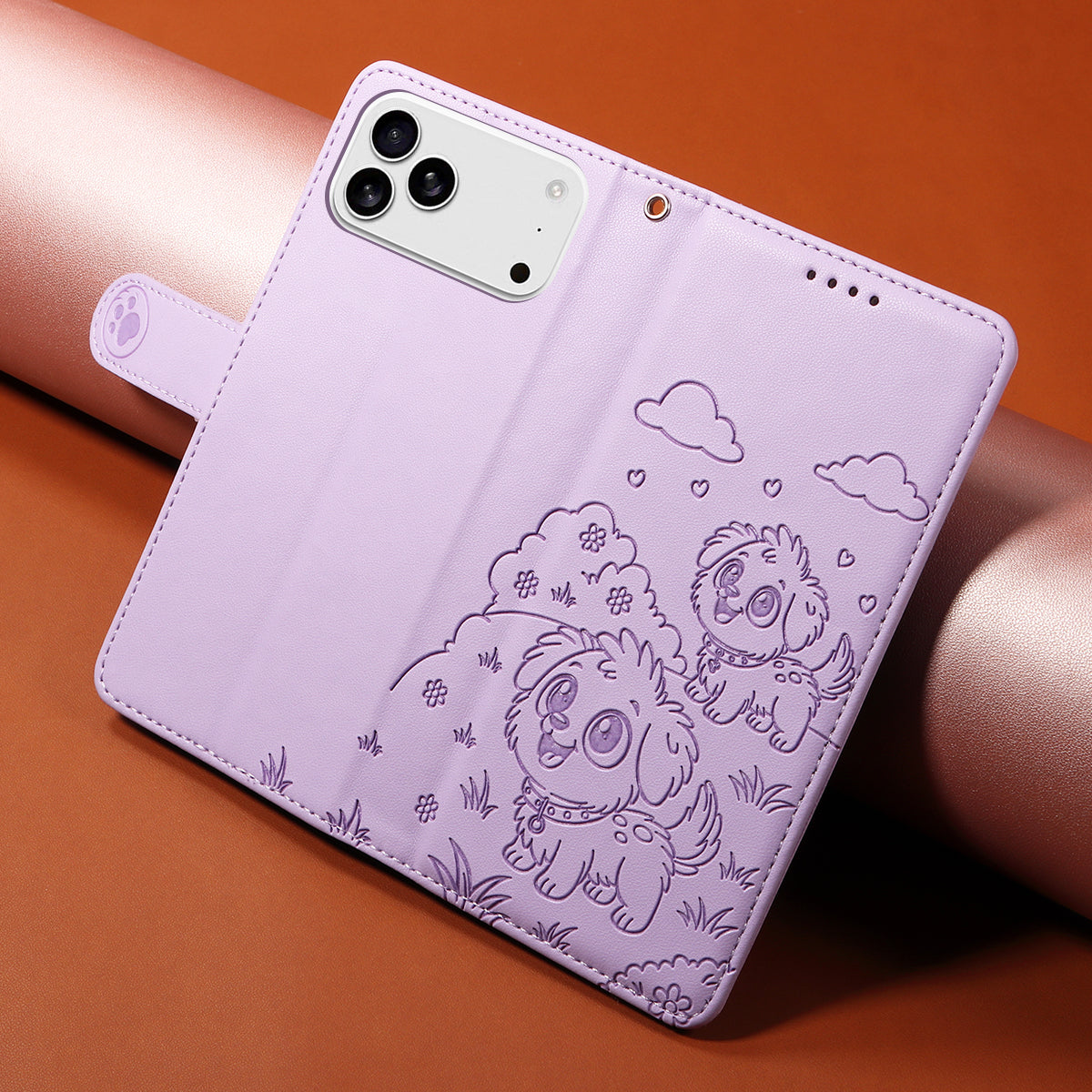 For iPhone 17 Pro Max Case RFID Blocking Imprinted Dog Pattern PU Leather Phone Cover with Wrist Strap - Purple
