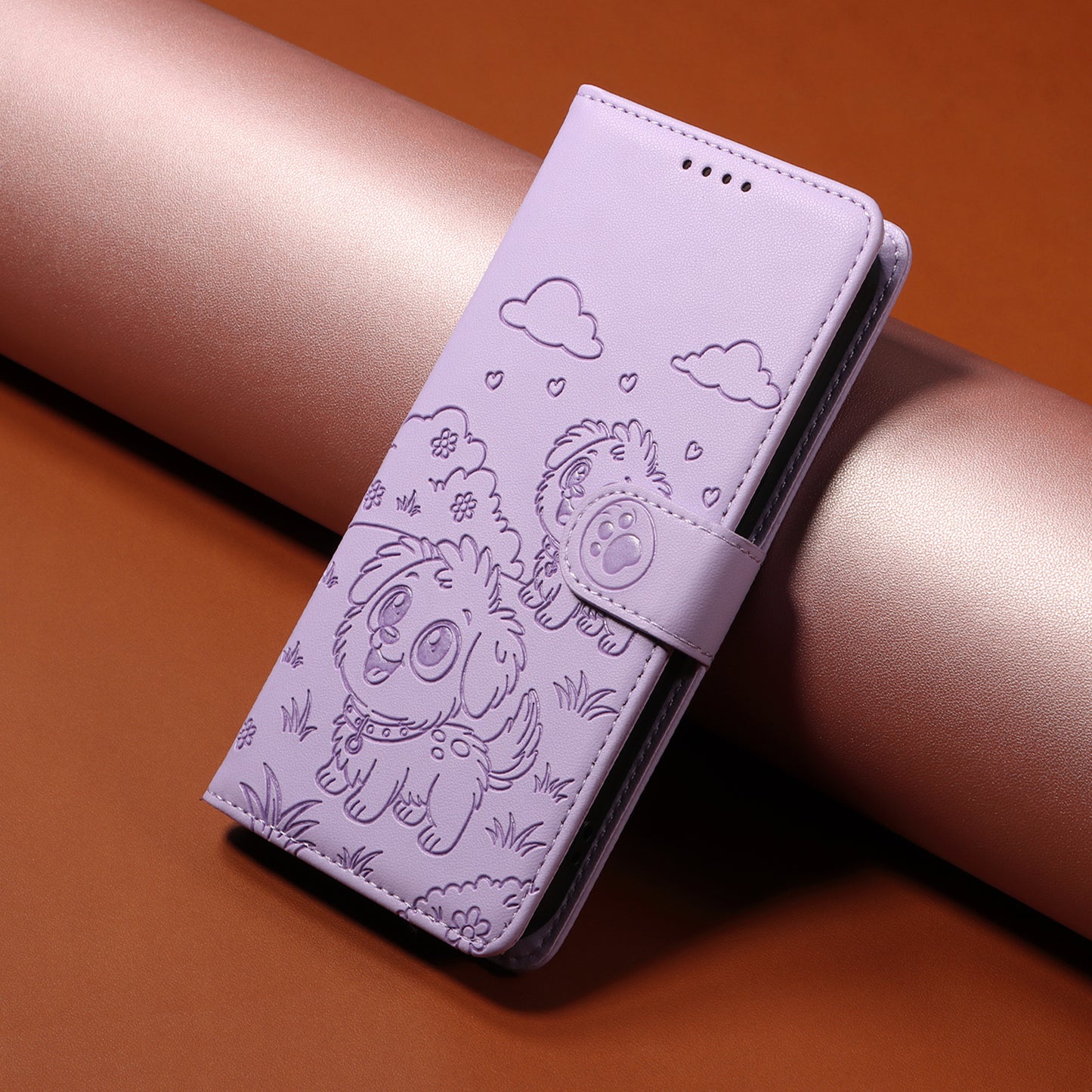 For iPhone 17 Pro Max Case RFID Blocking Imprinted Dog Pattern PU Leather Phone Cover with Wrist Strap - Purple