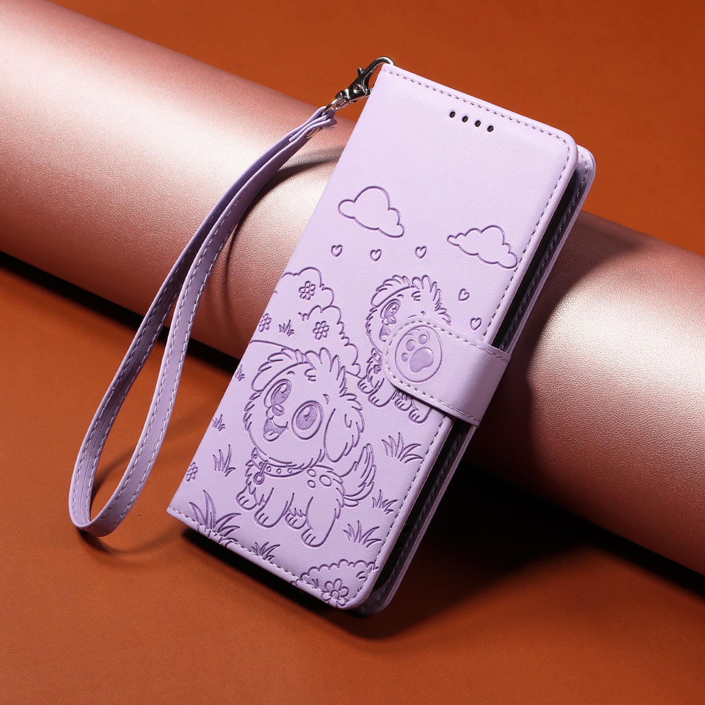 For iPhone 17 Pro Max Case RFID Blocking Imprinted Dog Pattern PU Leather Phone Cover with Wrist Strap - Purple