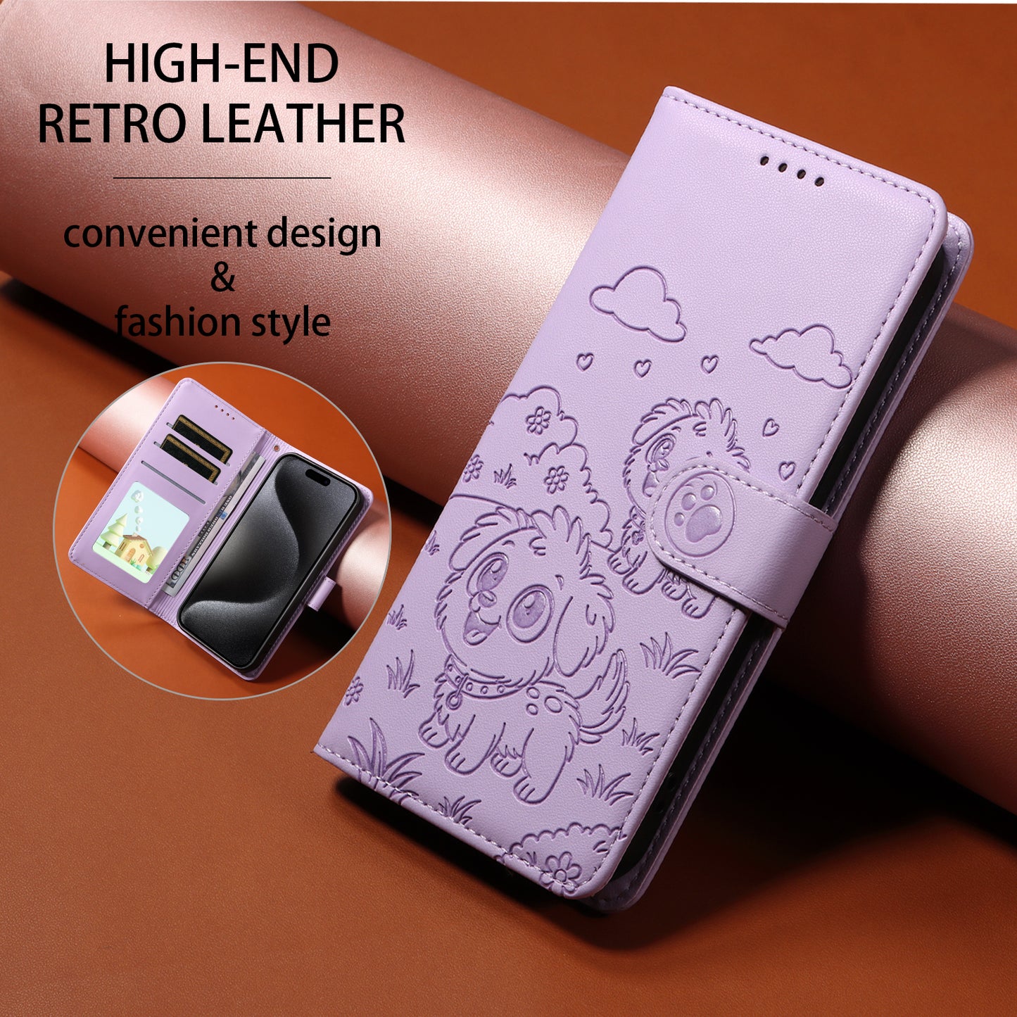 For iPhone 17 Pro Max Case RFID Blocking Imprinted Dog Pattern PU Leather Phone Cover with Wrist Strap - Purple