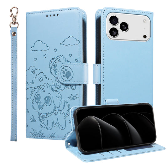 For iPhone 17 Pro Max Case RFID Blocking Imprinted Dog Pattern PU Leather Phone Cover with Wrist Strap - Blue
