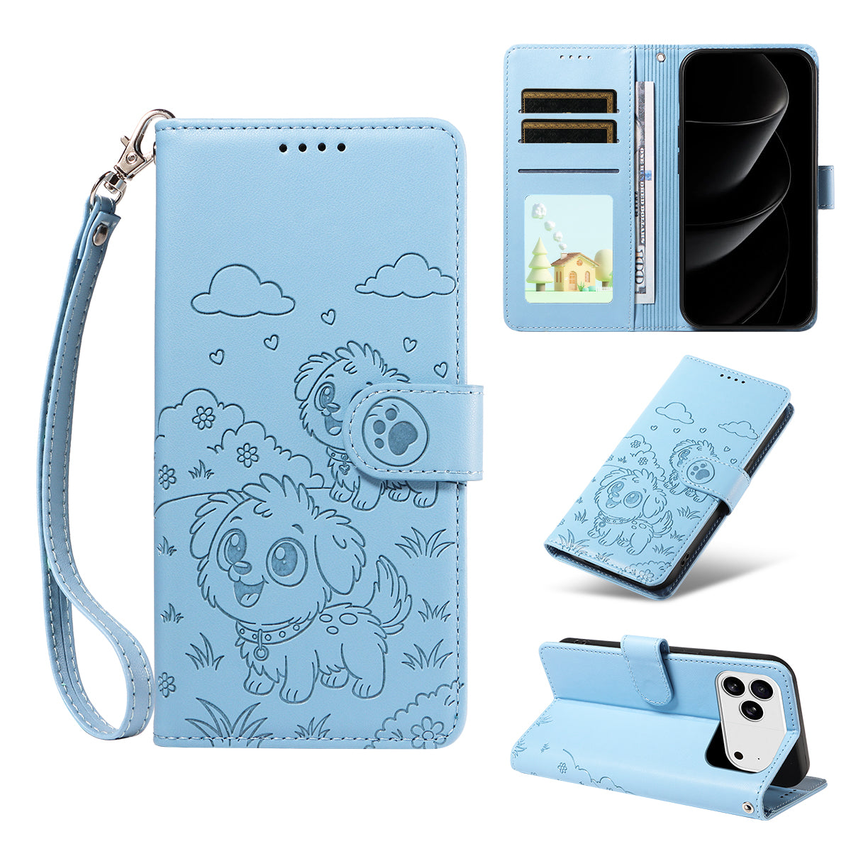 For iPhone 17 Pro Max Case RFID Blocking Imprinted Dog Pattern PU Leather Phone Cover with Wrist Strap - Blue