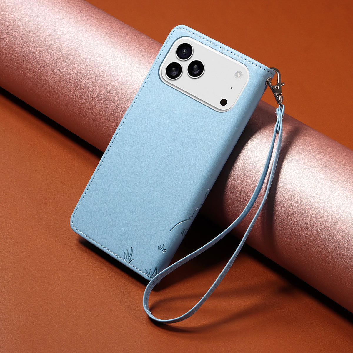 For iPhone 17 Pro Max Case RFID Blocking Imprinted Dog Pattern PU Leather Phone Cover with Wrist Strap - Blue