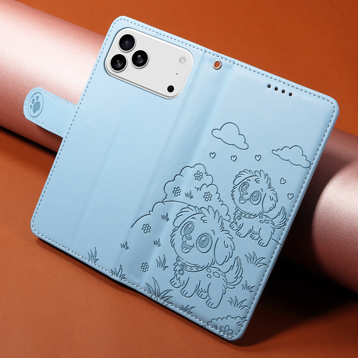 For iPhone 17 Pro Max Case RFID Blocking Imprinted Dog Pattern PU Leather Phone Cover with Wrist Strap - Blue