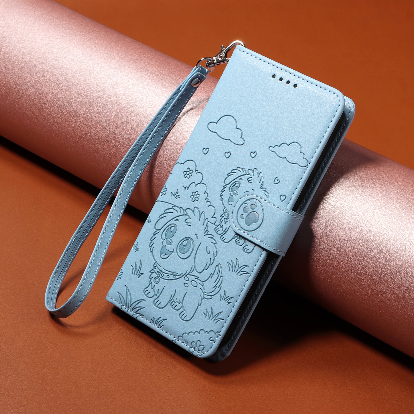 For iPhone 17 Pro Max Case RFID Blocking Imprinted Dog Pattern PU Leather Phone Cover with Wrist Strap - Blue