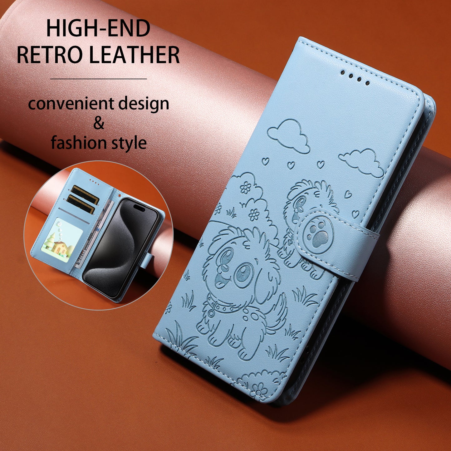 For iPhone 17 Pro Max Case RFID Blocking Imprinted Dog Pattern PU Leather Phone Cover with Wrist Strap - Blue