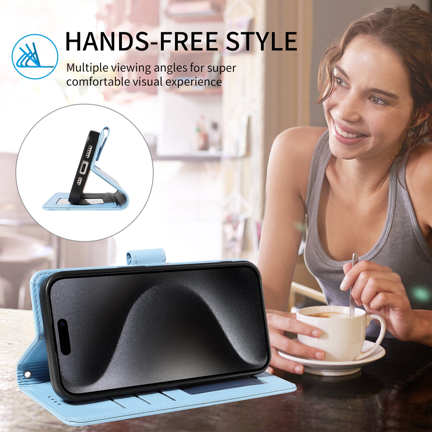 For iPhone 17 Pro Max Case RFID Blocking Imprinted Dog Pattern PU Leather Phone Cover with Wrist Strap - Blue