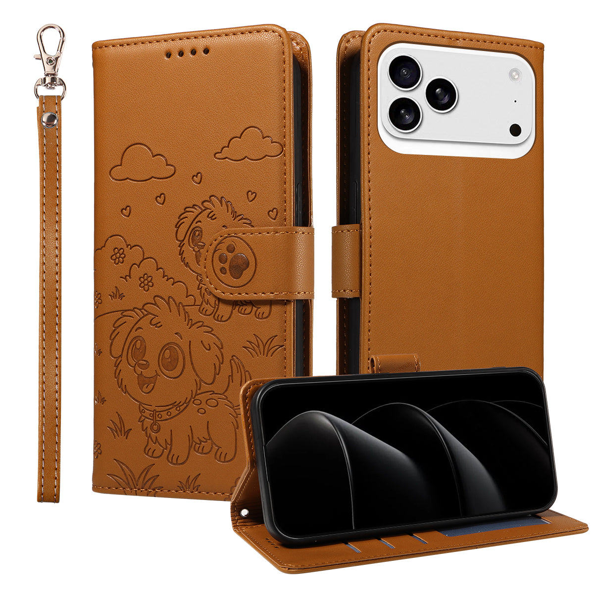 For iPhone 17 Pro Max Case RFID Blocking Imprinted Dog Pattern PU Leather Phone Cover with Wrist Strap - Brown
