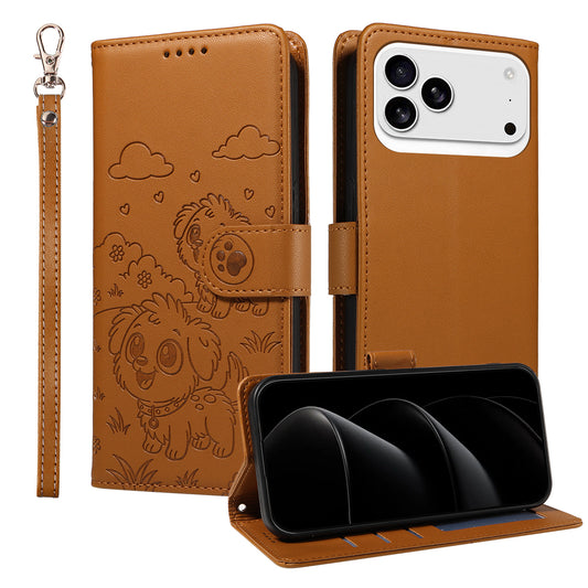 For iPhone 17 Pro Max Case RFID Blocking Imprinted Dog Pattern PU Leather Phone Cover with Wrist Strap - Brown